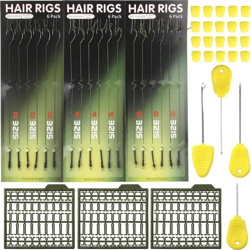 Kit de aparejos de pesca para el pelo de la carpa – 45 piezas curvadas de púas de la carpa gancho trenzado línea cebo tapón aguja herramienta aroma