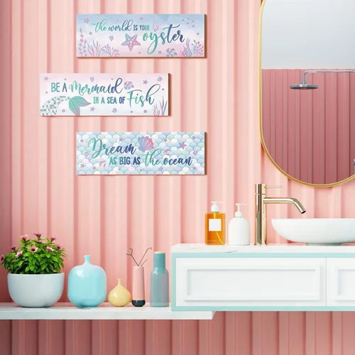 Miniatura 2 de Yerliker 3 piezas de decoración de pared de sirena con tema oceánico de madera para niña, placa temática del mar, decoración motivacional, cola