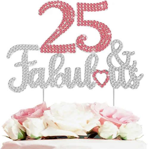 Miniatura 19 de 25 y fabulosa decoración de pastel de diamantes de imitación dorados y rosados – Feliz cumpleaños 25 años saluda a 25 años de edad, decoración
