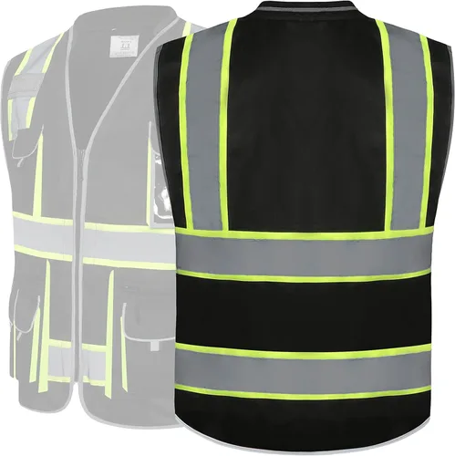 Miniatura 5 de JKSafety Chaleco de Seguridad Negro de Alta Visibilidad con Cremallera Frontal de 10 Bolsillos Cuello Acolchado Cintas Altamente Reflectantes