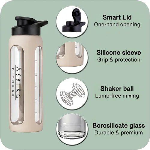 Miniatura 3 de Fitness - Botella mezcladora de proteínas de vidrio de 24 onzas, sin BPA, tapa a prueba de fugas, bola mezcladora de acero inoxidable y funda