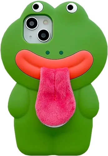 Fundas de Teléfono Kawaii Compatibles con iPhone 13 Pro, Lindo Dibujo Animado Rana Verde con Lengua de Felpa Mujeres Niñas Cubierta de Silicona Rana