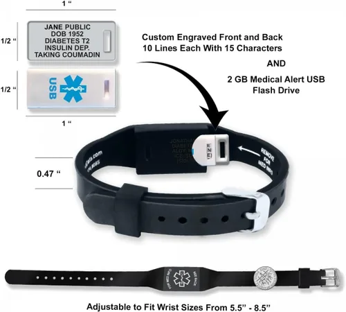 Miniatura 2 de Pulsera Elite II USB Plus de alerta médica. Pulsera de identificación con memoria USB impermeable de 2 GB, grabado personalizado de 10 líneas