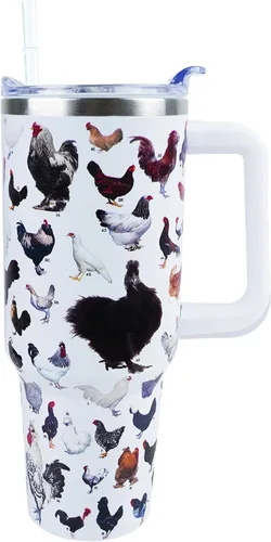 Miniatura 10 de Vaso de 40 onzas con asa y tapa con popote a prueba de fugas, diseño de pollo y gallo, taza de viaje de café con asa aislada para bebidas frías