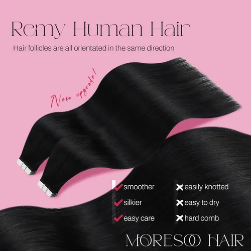 Miniatura 2 de Moresoo Extensiones de cabello humano real con cinta adhesiva, sin costuras, #1 negro azabache, 20 piezas, 1.76 oz (50 g), 24 pulgadas