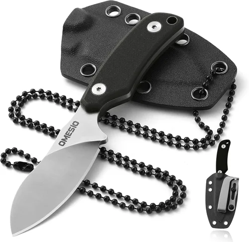 Omesio Cuchillo para el cuello, cuchillo de hoja fija de 5.82 pulgadas con funda y collar Kydex, cuchillo táctico para el cuello Campact de espiga
