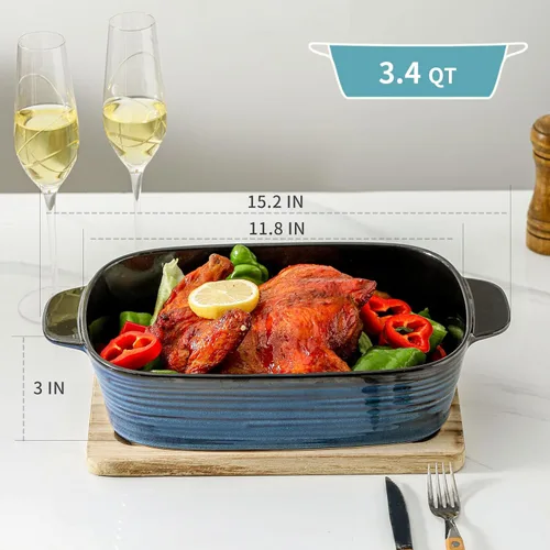 Miniatura 2 de Plato de cerámica para hornear, cacerola de 8.7 x 15.2 pulgadas con asas, bandeja rectangular profunda para lasaña para asar y hornear, utensilios