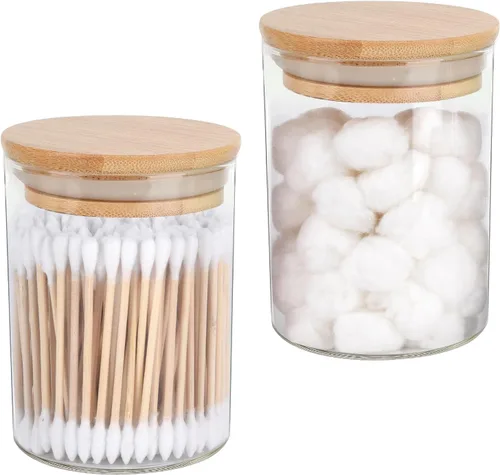 Miniatura 11 de BKYFPQ Juego de 2 dispensadores de vidrio para Qtip - Tarros de boticario con tapas, organizador de maquillaje de tocador y organizador