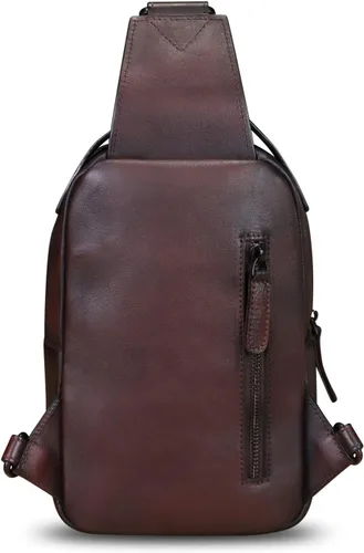 Miniatura 3 de LRTO Bolso de cuero genuino para hombres y mujeres, mochila bandolera de cuero real para el pecho, bolso cruzado, Café, Mochilas Sling
