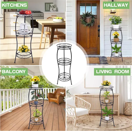 Miniatura 4 de VECELO Soporte de metal para plantas de 3 niveles para interiores, resistente al óxido, estable de 33.8 pulgadas de alto, soporte decorativo