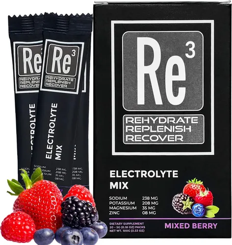 Re3 - Rehydrate - Replenish - Recover Paquetes de electrolitos en polvo. Sin azúcar, 7 cal, 1.4 carbohidratos. La mejor mezcla de vitaminas y
