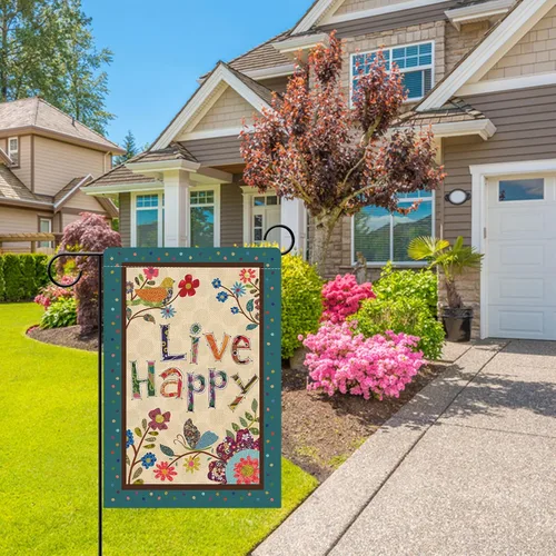 Miniatura 5 de Hzppyz Live Happy - Bandera decorativa pequeña para jardín con flores, pájaro, primavera y verano, cita inspiradora para casa, patio, decoración