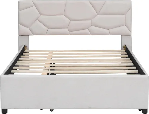 Miniatura 7 de Harper & Bright Designs Cama de plataforma tapizada de tamaño matrimonial con nido y cabecero, marco de cama tapizado de lino, no necesita somier