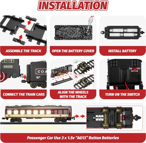 Miniatura 4 de Funwee Juguete de tren eléctrico con humo, luces y sonido, juego de tren para debajo del árbol de Navidad, modelo de tren de locomotora con pista