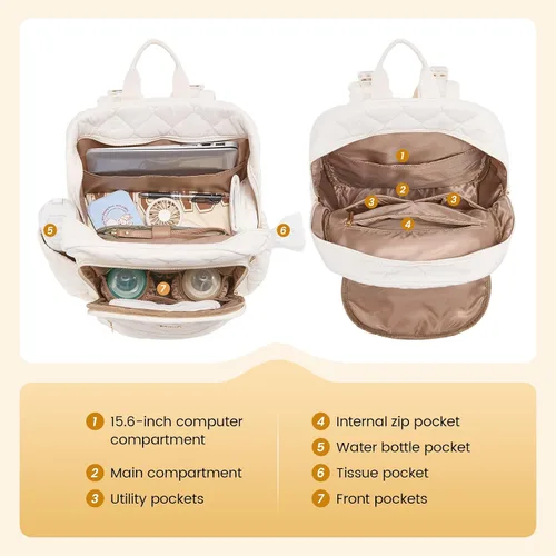 Miniatura 5 de LOVEVOOK Mochila para pañales, bolsa de pañales acolchada para bebé con bolsillos aislados, mochila de pañales de viaje para niños y niñas con Beige
