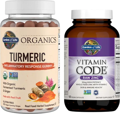 Garden of Life Organics - Gomitas de respuesta inflamatoria de cúrcuma, 120 unidades y código de vitaminas de zinc crudo de alta potencia, 60
