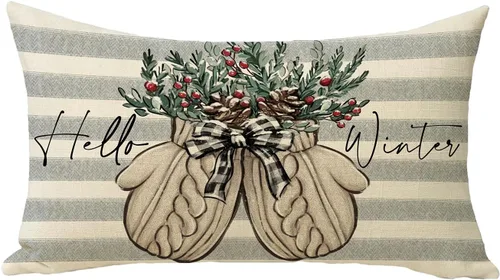 Miniatura 8 de Hello Winter Mitten - Funda de almohada decorativa gris de 16 x 16 pulgadas, guante, bayas rojas, rayas grises, porche, decoración del hogar al aire