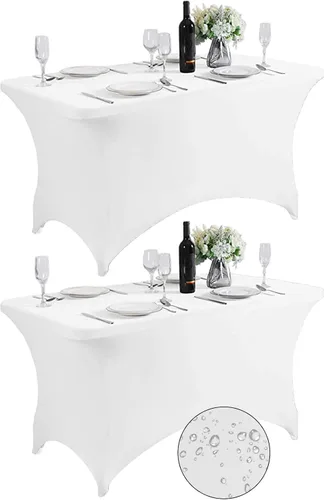 Miniatura 9 de SuperO - Paquete de 2 manteles de elastano impermeables para mesas de 6 pies, mantel elástico universal ajustable para fiestas, banquetes, bodas