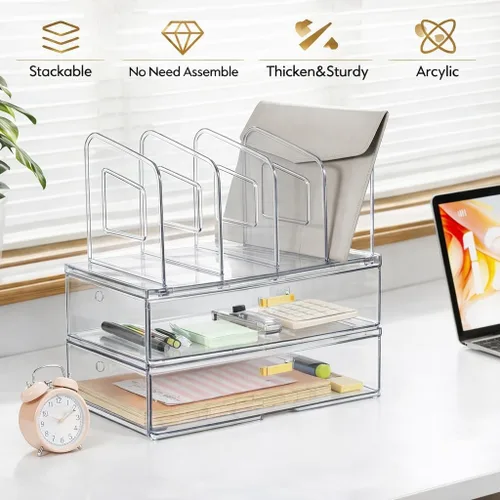 Miniatura 3 de LALOBLUE Organizador de Escritorio de Acrílico con Cajón, Suministros de Oficina, Almacenamiento de Organización, Organizador de 2 Cajones con 4