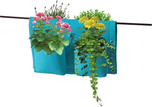 Miniatura 6 de VegTrug Jardinera de fieltro para balcón/riel, 4 bolsillos, color negro x3 Balcony rail planter, 4 pocket design, railing herb garden, flowers and