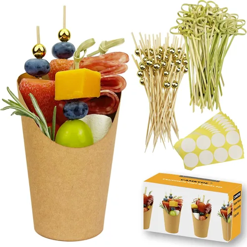 CAMKYDE 50 tazas de charcutería + 200 selecciones de cóctel + 56 etiquetas, tazas de charcutería desechables de 12 onzas con palitos (2 tipos), taza