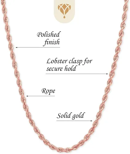 Miniatura 3 de 14k SOLID Yellow or White Or RosePink Gold 1.50mm Shiny Diamond-Cut Royal Solid Rope Chain Necklace for Pendants and Charms with Lobster-Claw Clasp
