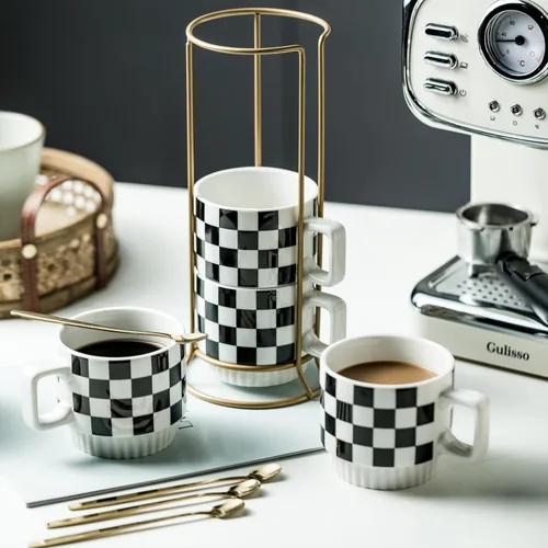Miniatura 6 de Miamolo Juego de 4 tazas de café apilables con estante de 11 oz, juego de tazas de té con cuchara pequeña para café, té, cacao, leche, taza de café