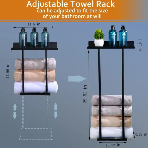 Miniatura 3 de Toallero de metal para colgar en la pared del baño, toallero de baño negro para almacenamiento de toallas de baño con ganchos para colgar y estante