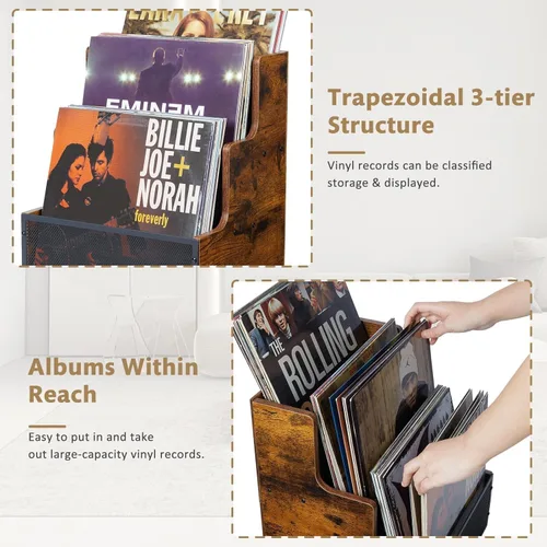 Miniatura 5 de Yuzehuaza Paquete de 2 cajas de almacenamiento de discos de vinilo LP escalonadas de 3 niveles, soporte para álbumes de discos de vinilo