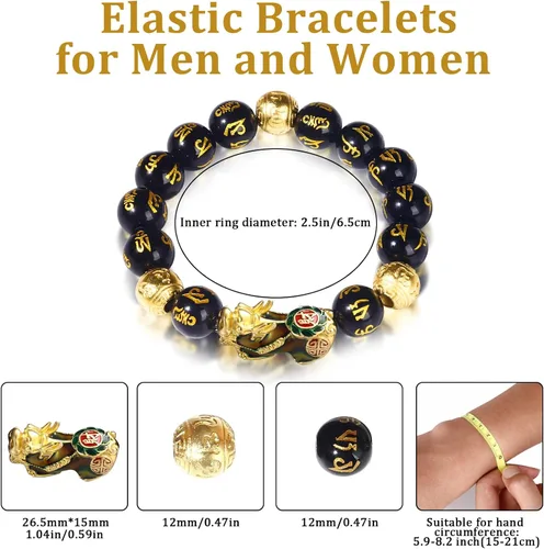 Miniatura 2 de Feng Shui Bracelet Obsidian Bracelet, 24k Gold Plated PiXiu Dragon Protection for Men Women, 12mm Mantra Prayer Beads Bracelets Meditation