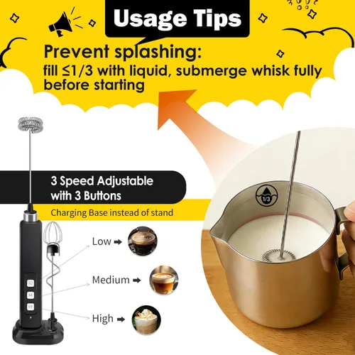 Miniatura 2 de Espumador de leche recargable de mano con 3 batidores de acero inoxidable desmontables, mezclador de bebidas ajustable de 3 velocidades, mini varita