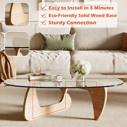 Miniatura 5 de Mesa auxiliar moderna para sala de estar y espacios pequeños, 35.6 x 25.4 x 15.8 pulgadas, mesa triangular de vidrio templado y base de madera