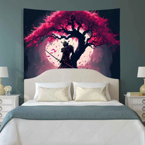 Miniatura 4 de Ine Ive GTDWIE0297 - Tapiz samurái japonés para estética de dormitorio, luna llena, árbol de cerezo, 40 x 30 pulgadas, arte japonés para dormitorio