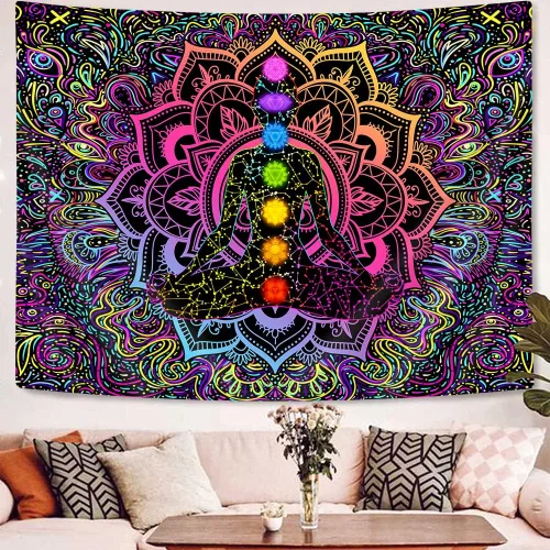 Miniatura 7 de Tapiz espiritual de mandala bohemio de siete chakras, para colgar en la pared psicodélico para yoga, meditación, estudio bohemio, dormitorio, sala