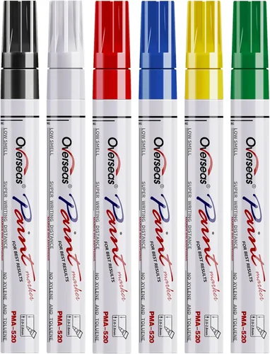Overseas Bolígrafos de Pintura, Marcadores Permanentes a Base de Aceite de 6 Colores, Punta Media, Secado Rápido y Resistente al Agua, Marcadores de