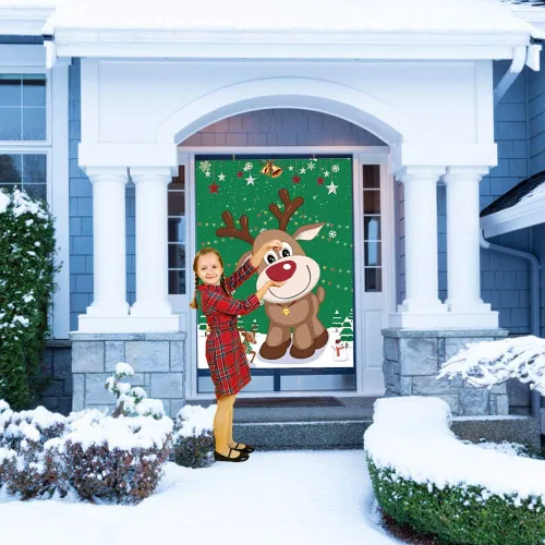 Miniatura 2 de FINGOOO Pin The Nose on the Reindeer, juegos de póster de reno de Navidad grande para niños, juegos de fiesta de Navidad