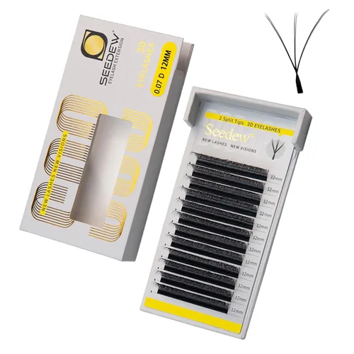 Miniatura 87 de Extensiones de pestañas con doble punta 3D, rizo D de 0.003 in, mezcla de 0.315-0.591 in, 12 filas por bandeja, tallo plano 3DD en forma de W