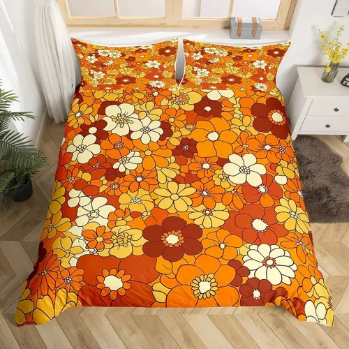 Juego de ropa de cama con diseño floral bohemio, funda de edredón retro con flores groovy de los años 60 y 70, funda de edredón con diseño de flores
