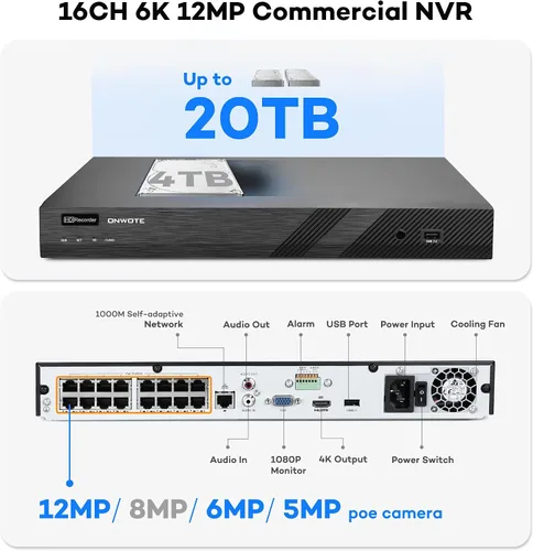 Miniatura 5 de Onwote - Sistema de cámara de seguridad de 16 canales 4K PoE, NVR comercial de 12MP 16CH 4TB, 16x cámaras IP exteriores de 8MP con audio de 134°