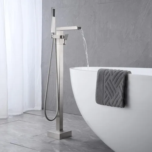 Miniatura 3 de Wowkk Grifo de bañera independiente, relleno de bañera de cascada, níquel cepillado, montaje en el suelo, latón de una sola manija, grifos de baño