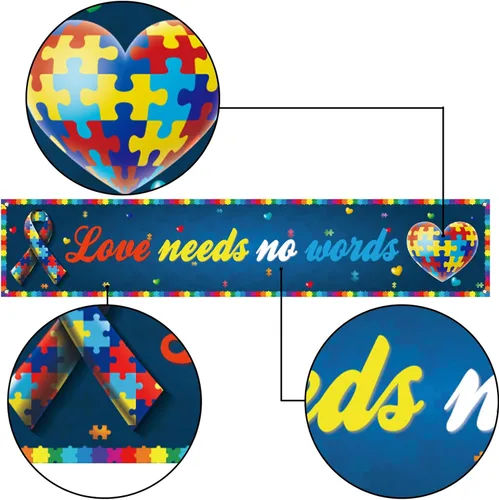 Miniatura 6 de Love Needs No Words - Cartel de valla para concientización sobre el autismo, pieza de rompecabezas con forma de corazón, fiesta, cabina de fotos