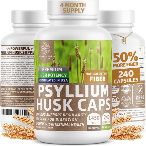 Number One Nutrition Cápsulas de cáscara de psyllium prémium N1N [todo natural, 1450 mg] Potente suplemento de fibra soluble para apoyar la