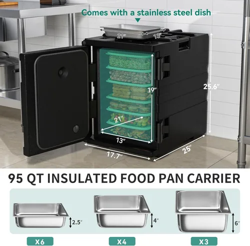 Miniatura 6 de YITAHOME Portaenvases de alimentos aislados, caja térmica LLDPE de 95 Qt para catering con sartén de acero inoxidable, calentador de alimentos