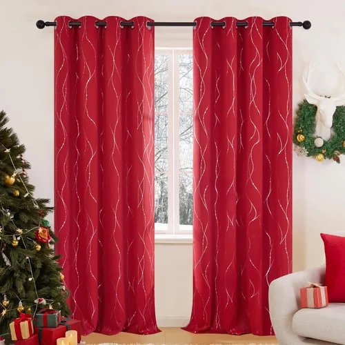 Deconovo Cortinas navideñas, cortina roja, cortinas opacas, cortina térmica aislada y reductora de ruido con estampado de líneas onduladas y puntos