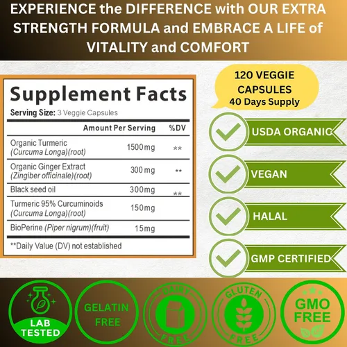 Miniatura 3 de World 1st.Aceite de cúrcuma Curcumina de jengibre y semillas negras, 120 cápsulas, 2250 mg, 95% curcuminoides, BioPerin añadido, extra fuerza