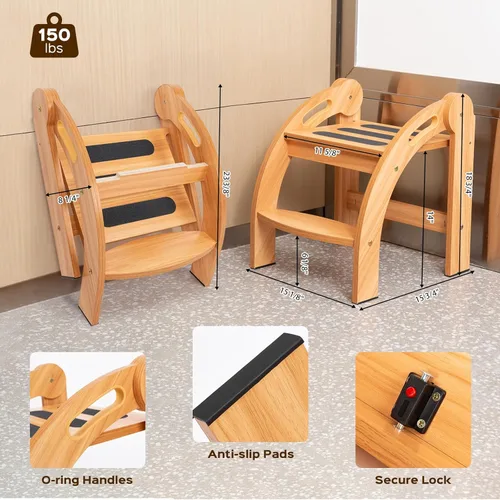 Miniatura 3 de StrongTek Taburete con pasamanos, taburete de seguridad, amplia superficie antideslizante, escalera de madera de 12 pulgadas para baño, cocina