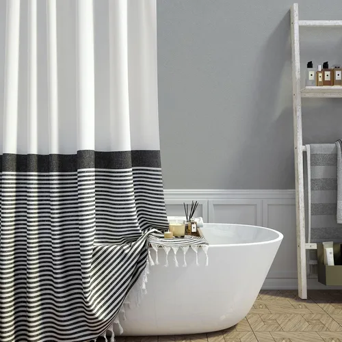 Miniatura 11 de Cortina de ducha Dynamene de tela color beige, cortina de ducha rústica/bohemia a rayas con borlas para baño, juego de cortinas de tela texturizada