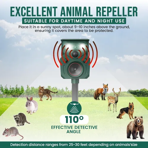 Miniatura 2 de Repelente solar ultrasónico de animales para patio IP65, repelente de animales, sensor de movimiento ultrasónico para exteriores, sensor