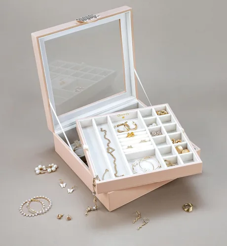 Miniatura 5 de Glenor Co - Joyero de 28 secciones 2 capas Broche de hebilla y cierre magnético Tapa grande de cristal Diseño de cuero Arena Organizador