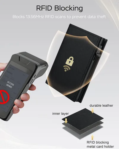 Miniatura 4 de Cartera para hombre – Cuero minimalista de triple pliegue, funda inteligente para tarjetas emergentes con bloqueo RFID, soporte delgado de metal